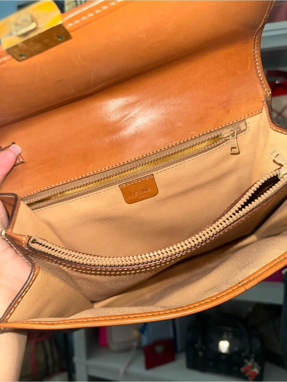 Celine Brown Monogram Canvas Clutch Bag with Gold Lock